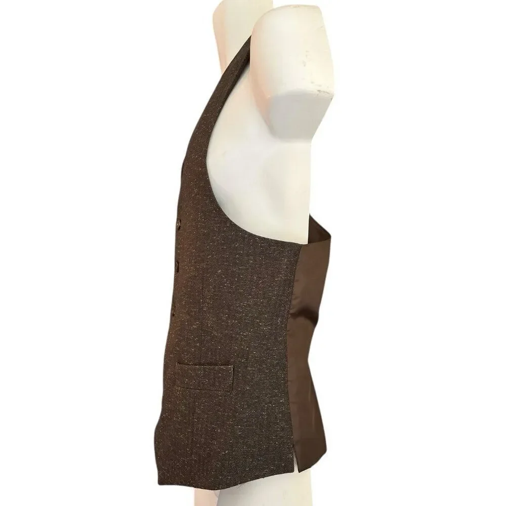 Mens Medium Dark Brown Button Front Vest Speckled Flecked Pockets Satin Lined